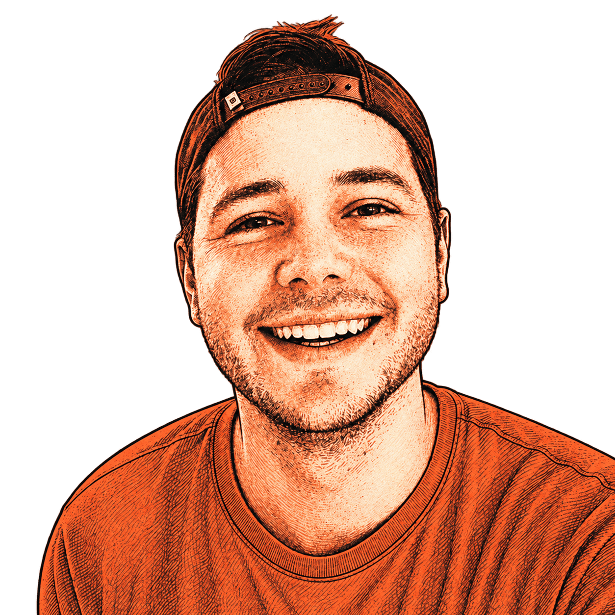 Colton Lowry smiling, illustrated in ember, ivory, and black